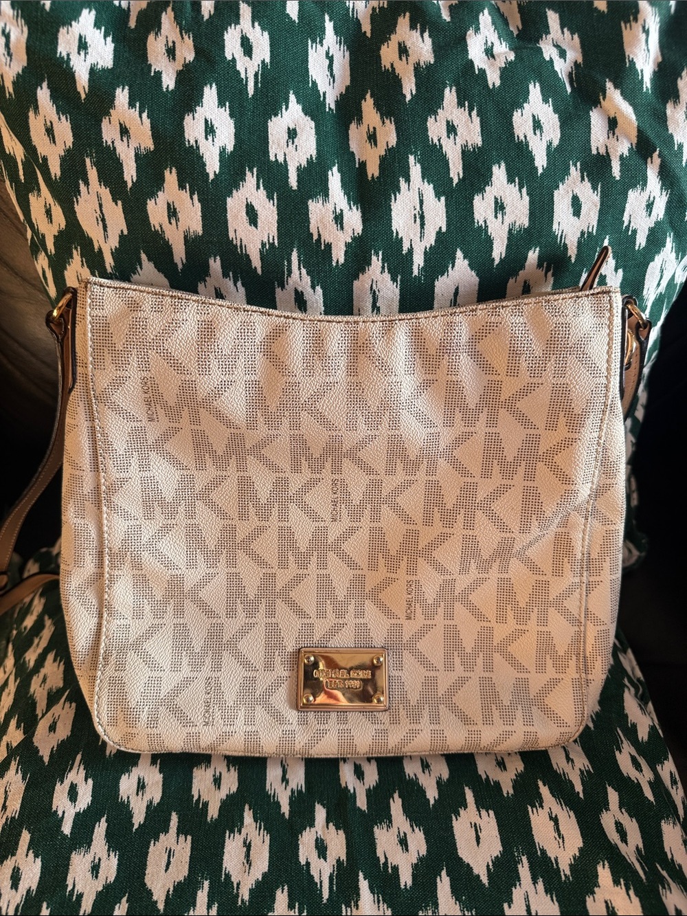 Michael Kors Beige MK Signature Crossbody Bag with Gold Plaque